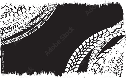 Vector Print Textured Tire Track . Design Element . Car tread silhouette . Mud splash grunge tire texture. Tyre track banner . Surface textured with many circular tire tracks
