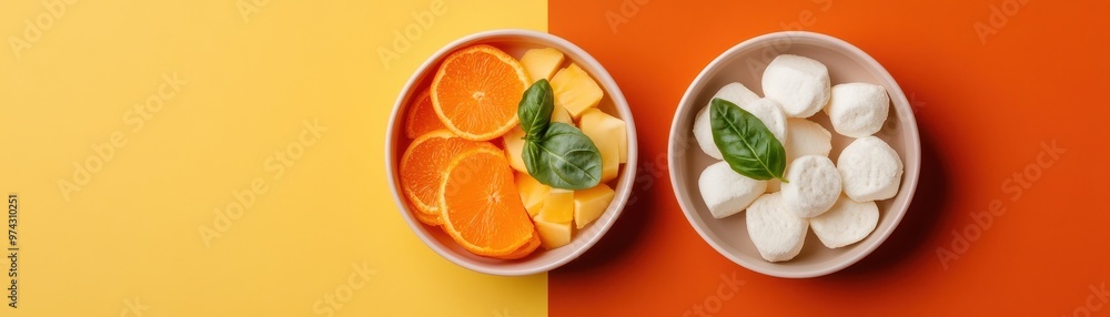 Contrasting Healthy Meal Elements on Split Orange and Turquoise Background Contrasting Healthy Meal Elements on Split Orange and Turquoise Background
