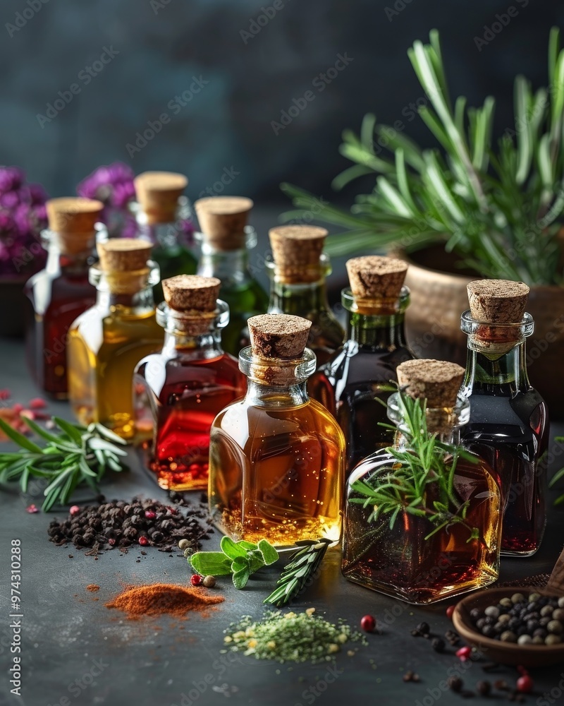 A variety of infused oils in small glass bottles with cork tops, arranged on a dark surface with fresh herbs and spices. A variety of infused oils in small glass bottles with cork tops, arranged on a dark surface with fresh herbs and spices.