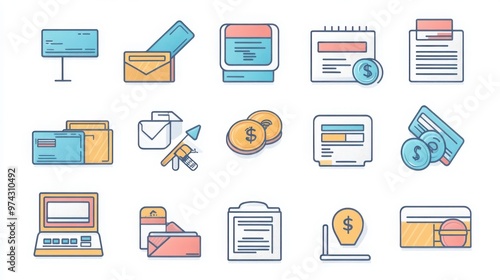 Banking and Transactions thin line icon set. Containing bank, ATM, deposit, withdrawal, credit card, debit card, account balance, money transfer, online banking, transaction history, check