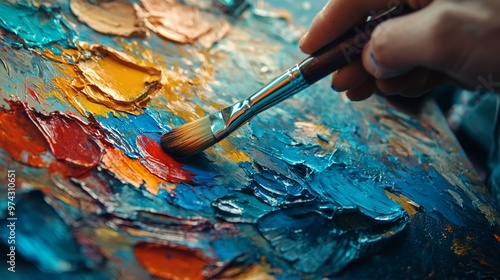 Artist s Palette with Paintbrush and Oil Paint photo