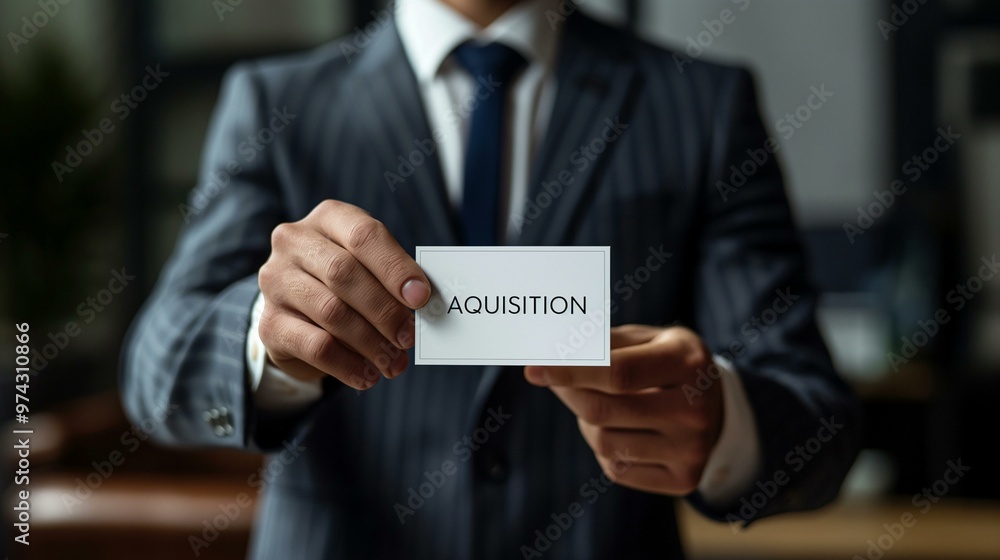 Business Executive Holding Card with Acquisition Message in Professional Office Setting Business Executive Holding Card with Acquisition Message in Professional Office Setting