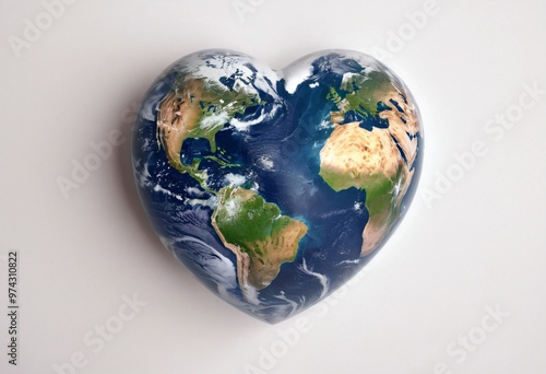 Planet Earth in the shape of heart, isolated pastel white background. Earth Day card. Minimal concept of travel, tourism, sustainability, love, ecology. Ai generated image. photo