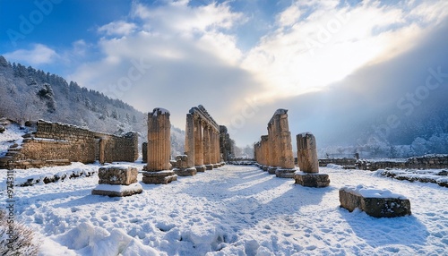 Snow-covered ancient ruins