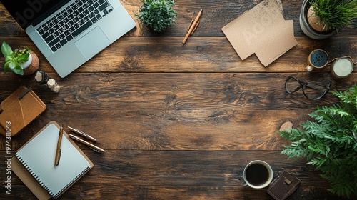 Rustic Wooden Desk Top View with Laptop Plants and Coffee