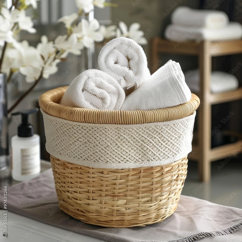 A wicker basket with white towels in a bathroom setting. The basket is woven and has a white trim. A wicker basket with white towels in a bathroom setting. The basket is woven and has a white trim.
