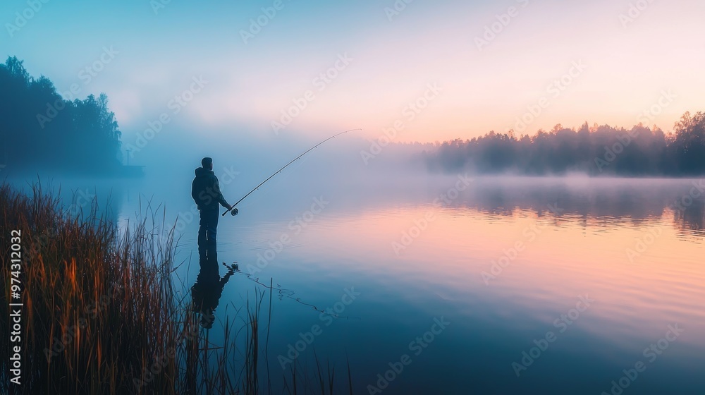 Silhouette of Fisherman Casting Line on Tranquil Misty Lake at Sunrise Silhouette of Fisherman Casting Line on Tranquil Misty Lake at Sunrise