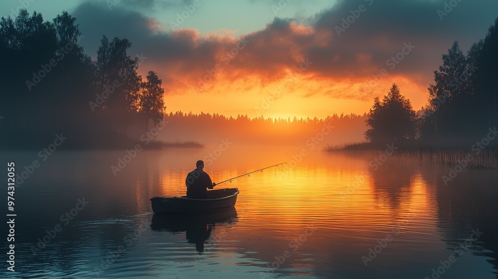 Silhouette of Fisherman in Rowboat at Sunset with Foggy Lake Silhouette of Fisherman in Rowboat at Sunset with Foggy Lake