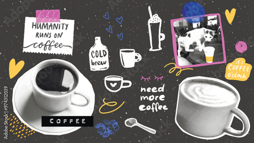 Coffee collage board with sticky notes, inspirational funny quotes, cups cutout, photo of cat in cafe. Bold pop graphic set