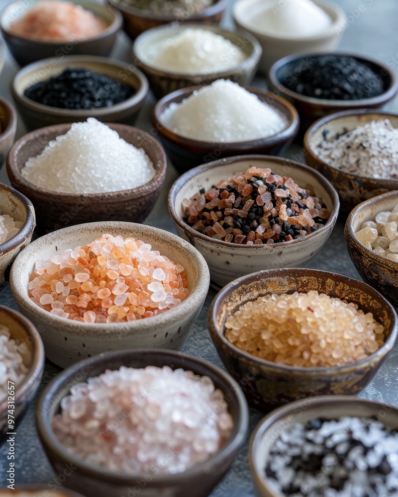 Assortment of gourmet salts in small bowls. Variety of textures and colors. Perfect for cooking and food photography. Assortment of gourmet salts in small bowls. Variety of textures and colors. Perfect for cooking and food photography.