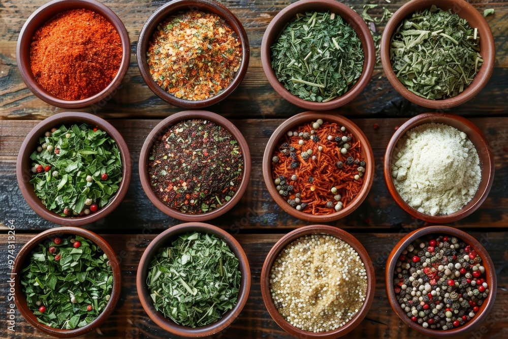 Assortment of various spices and herbs in small bowls, arranged on wooden background. Photo ideal for food and cooking themes. Assortment of various spices and herbs in small bowls, arranged on wooden background. Photo ideal for food and cooking themes.