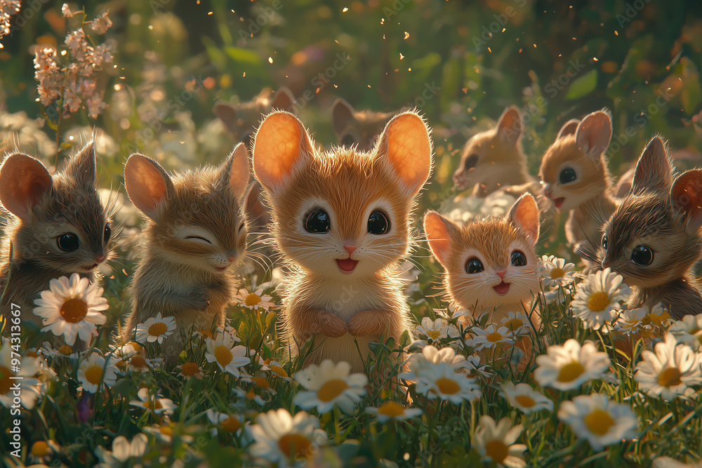 Fototapeta premium joyful group of mouse and cat cub beastfolk playing in a vibrant meadow filled with daisies under warm sunlight