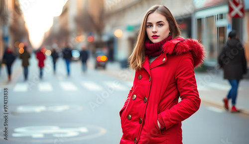 Young woman in red jacket standing on the street with people walking in blurry background