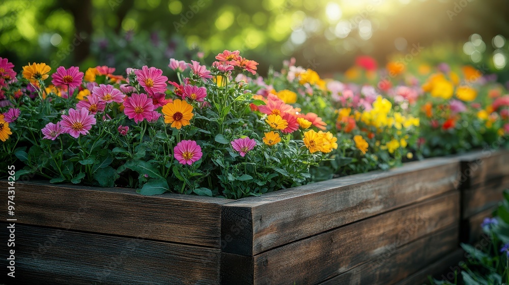 Fototapeta premium Vibrant flower garden in a wooden planter, showcasing colorful blooms in natural light.