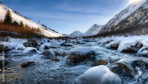 Icy mountain stream with snow-covered rocks