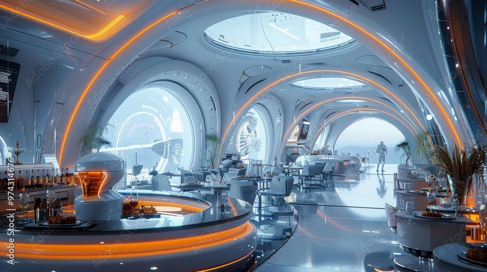 Futuristic bar with glowing lights and futuristic furniture. Futuristic bar with glowing lights and futuristic furniture.