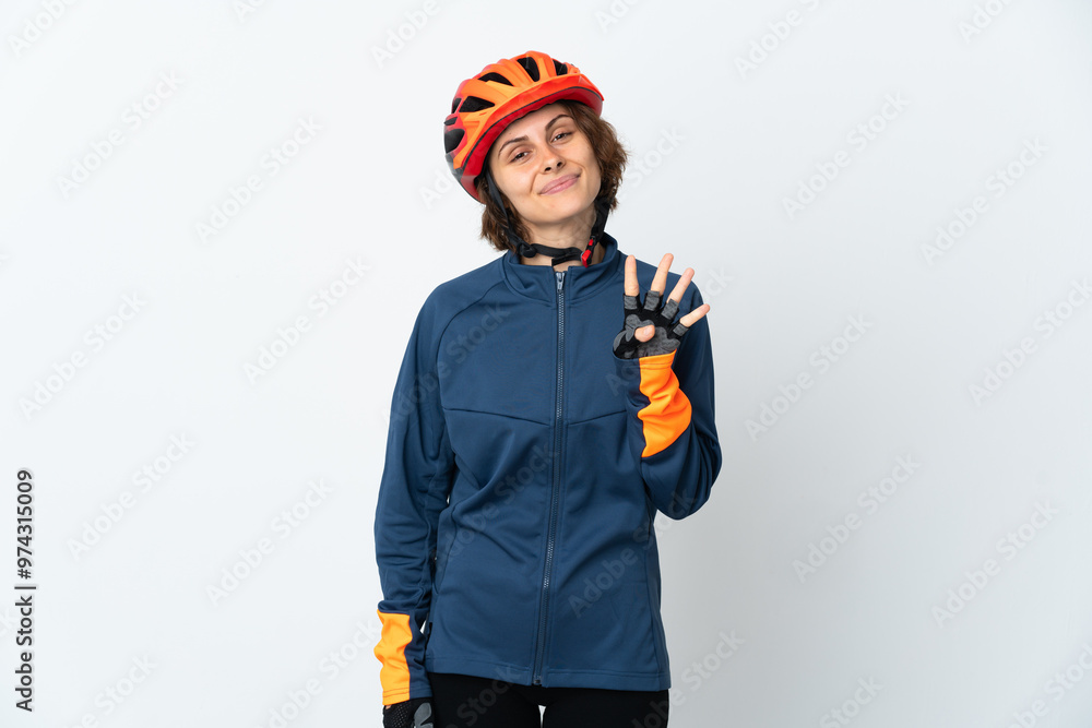 Young English cyclist woman isolated on white background happy and counting four with fingers Young English cyclist woman isolated on white background happy and counting four with fingers