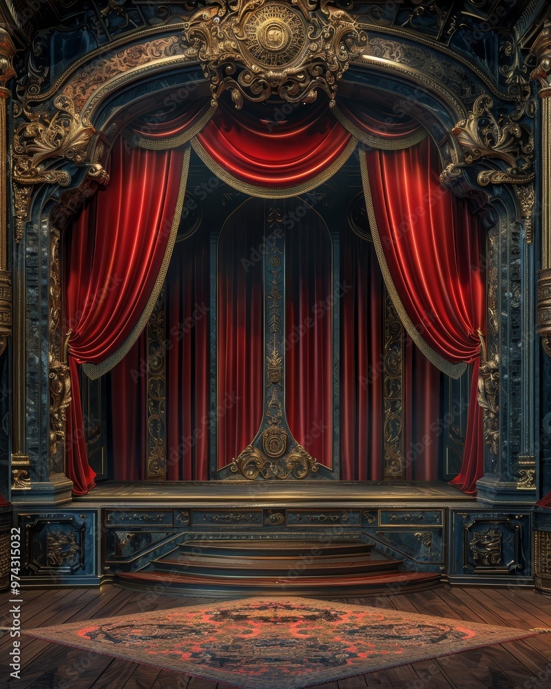 Fototapeta premium Ornate stage with red velvet curtains, ornate details and a wooden floor. A perfect setting for a theatrical performance.