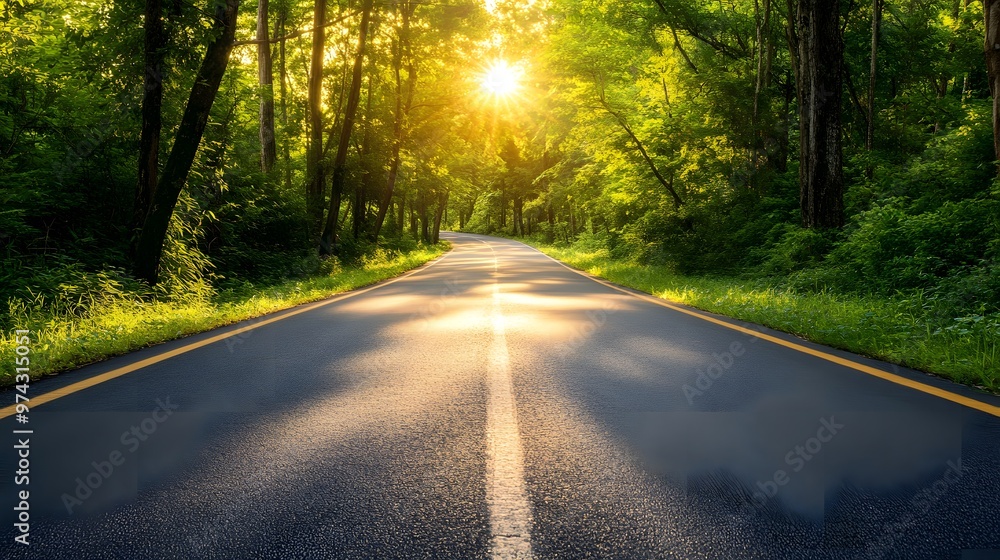 Obraz premium A winding road through a lush forest with the sun shining brightly in the distance.