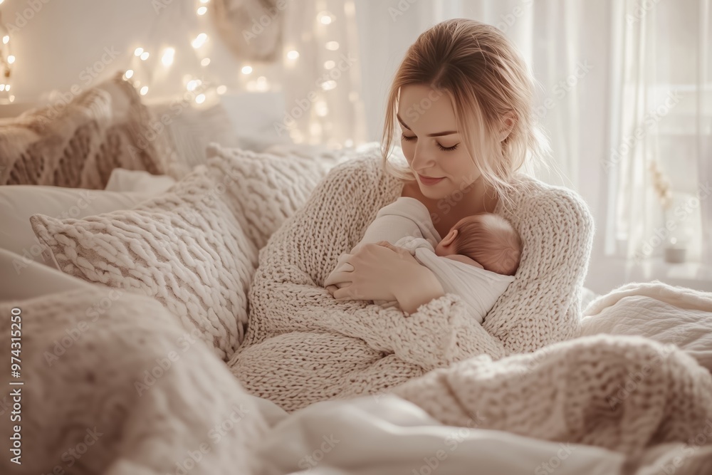 Young mother is sitting on a bed with cozy blankets and pillows, gently holding her newborn baby close Young mother is sitting on a bed with cozy blankets and pillows, gently holding her newborn baby close