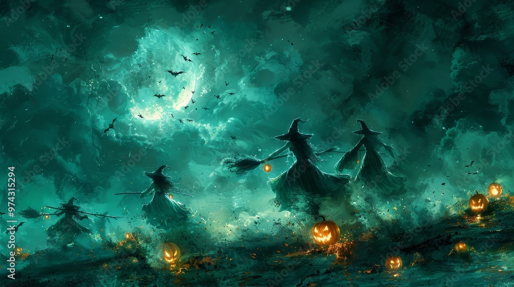 Silhouettes of witches flying through a spooky night sky with jack-o-lanterns and bats. Halloween fantasy art. Silhouettes of witches flying through a spooky night sky with jack-o-lanterns and bats. Halloween fantasy art.