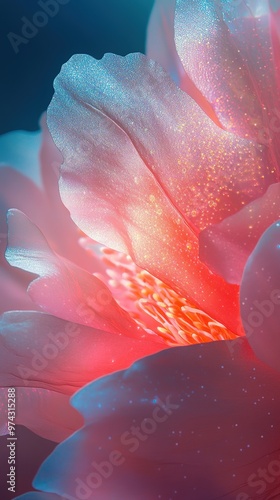 Stunning Macro Shot of Su Embroidery Peony with Intricate 3D Detail and Vivid Dopamine Color System. High Saturation and Starlight Stamens Create a Translucent Veil Effect.