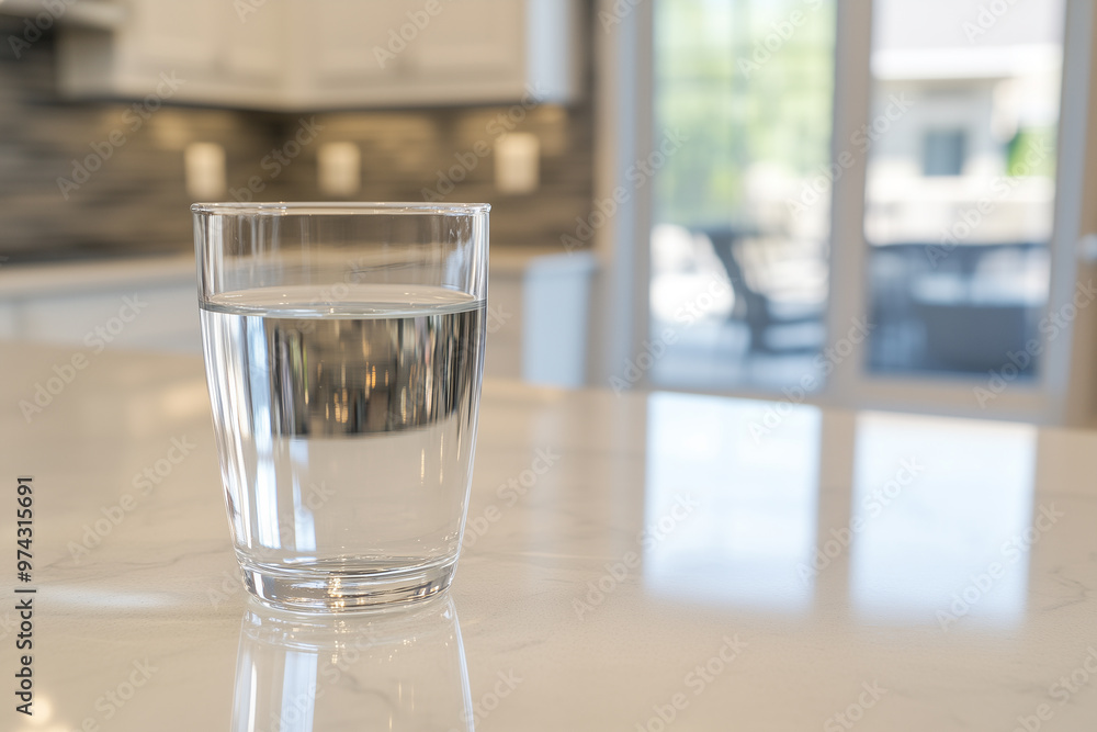 glass of clean sparkling water on the table in the modern kitchen glass of clean sparkling water on the table in the modern kitchen