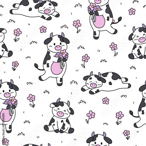 Cute seamless pattern with cows and flowers. Hand drawn vector background. Texture for print.