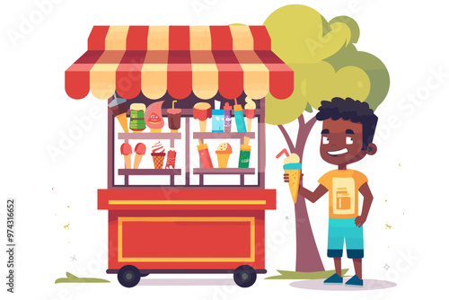 African American schoolboy buys ice cream from mobile kiosk, supporting small local business