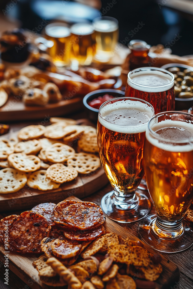 Pints of beer on a pub bar surrounded by snacks. Pints of beer on a pub bar surrounded by snacks.