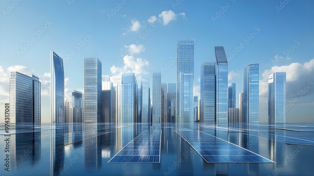 Modern Cityscape with Solar Panels on Rooftop