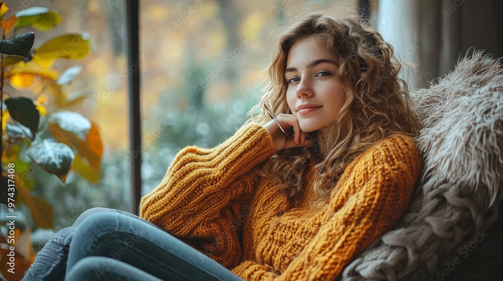 Beautiful Woman in Yellow Sweater Looking Through Window Beautiful Woman in Yellow Sweater Looking Through Window