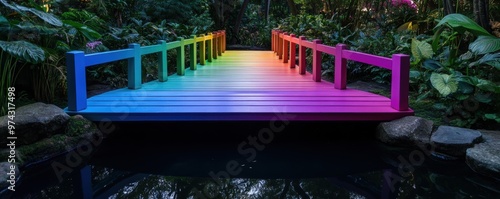 A rainbow-colored bridge spans gracefully over a serene pond