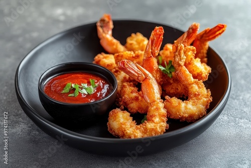 A plate of crispy fried shrimp served with a side of dipping sauce.