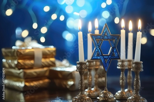  Hanukkah light tradition: Star of David, candles burn bright, celebrating faith, heritage, and the lasting spirit of unity, spreading joy and peace during the cherished days of the holiday. photo