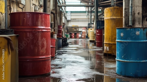 Industrial Setting With Large Barrels In A Wet Warehouse, Featuring Red, Blue, And Yellow Barrels