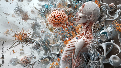  Anatomical visualization of a person shows the interaction of the nervous system with cellular structures, creating the effect of a complex dance of biological processes. photo