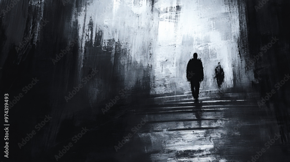 Abstract single person silhouette in black and white noir street scene watercolor charcoal light shadows negative space copy space mental health illness depression out of darkness loneliness concepts Abstract single person silhouette in black and white noir street scene watercolor charcoal light shadows negative space copy space mental health illness depression out of darkness loneliness concepts