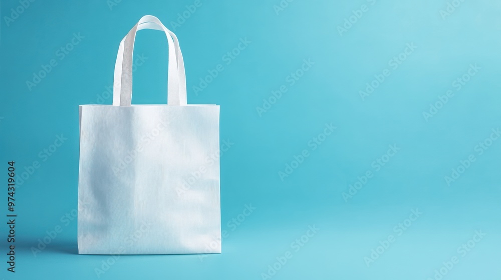 White Tote Bag on Blue Background