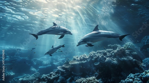 Three dolphins swimming underwater among bright coral reefs and sun rays.