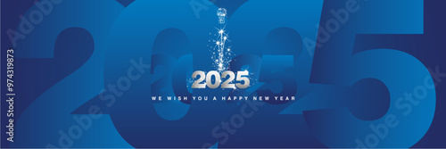 We wish you a Happy New Year 2025 sparkler firework shining silver blue greeting card with multiple shadowed blue bakground in the shape of 2025 year