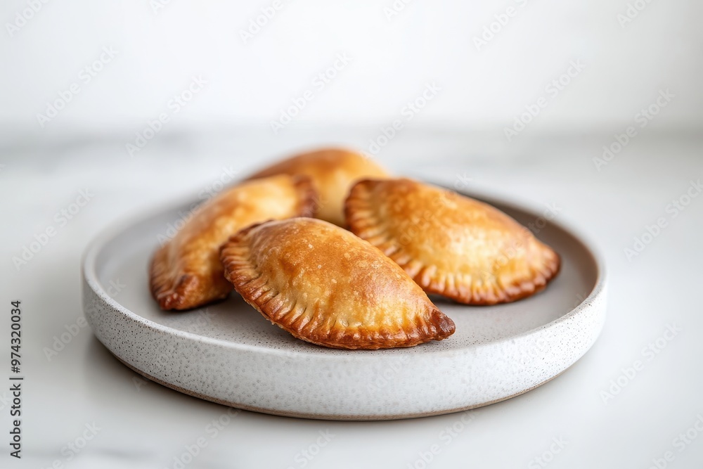 A plate of golden-brown baked pastries, likely empanadas, arranged neatly for serving. A plate of golden-brown baked pastries, likely empanadas, arranged neatly for serving.