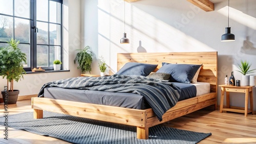 Rustic wooden bed against empty white wall with copy space. Scandinavian loft interior design of modern bedroom.
 photo