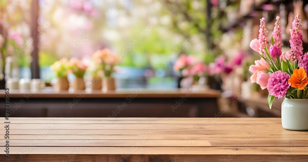 Empty wooden table in front of abstract blurred spring flowers background for product display in a coffee shop, local market or bar Empty wooden table in front of abstract blurred spring flowers background for product display in a coffee shop, local market or bar