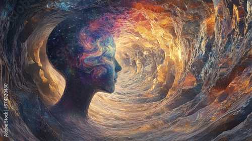The clouds forming the face are saturated with the colors of fire and light, showing how ideas are born out of chaos, and a lonely person follows the path to truth.