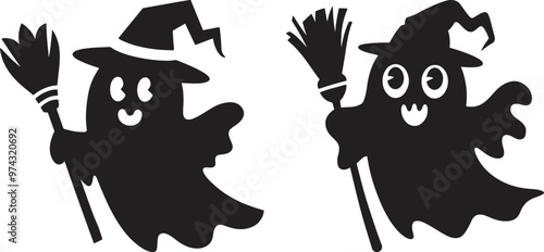 Cute Halloween Ghost Silhouette Vector Icon illustration on white Background.