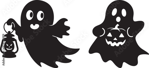 Cute Halloween Ghost Silhouette Vector Icon illustration on white Background.