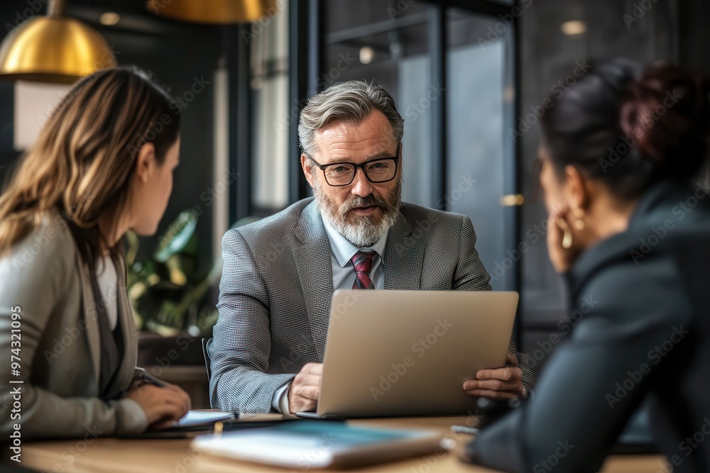 Business meeting with professionals discussing strategy in modern office. Leader presenting on laptop, teamwork and collaboration are evident. Business meeting with professionals discussing strategy in modern office. Leader presenting on laptop, teamwork and collaboration are evident.