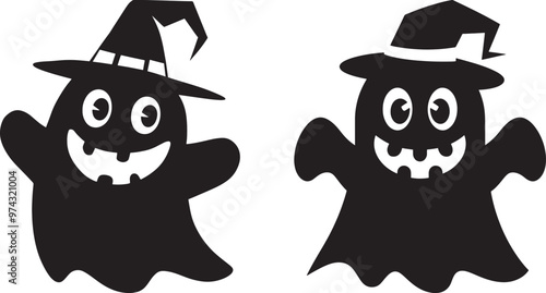 Cute Halloween Ghost Silhouette Vector Icon illustration on white Background.