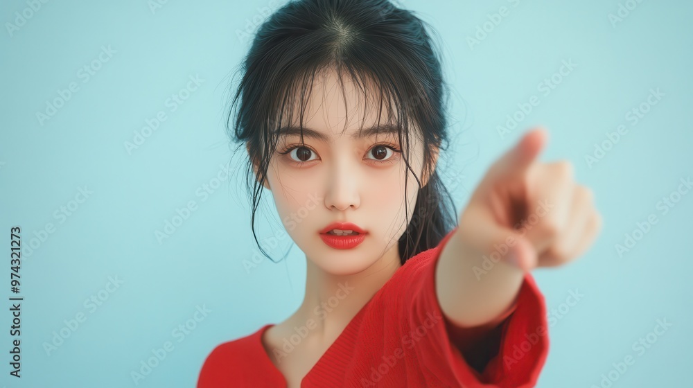Confident young woman pointing directly at the camera, wearing a red shirt, isolated against a blue background. Confident young woman pointing directly at the camera, wearing a red shirt, isolated against a blue background.